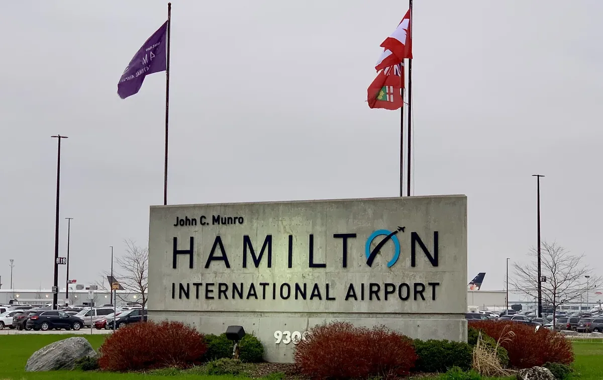 The John C. Munro Hamilton International Airport sign at the entrance