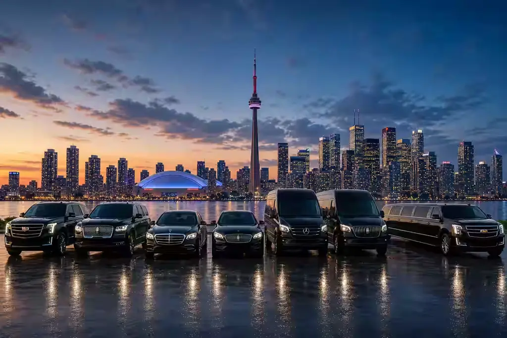 The Toronto Airport Limo fleet of black sedans, SUVs and vans lined up with the CN Tower and Toronto skyline behind