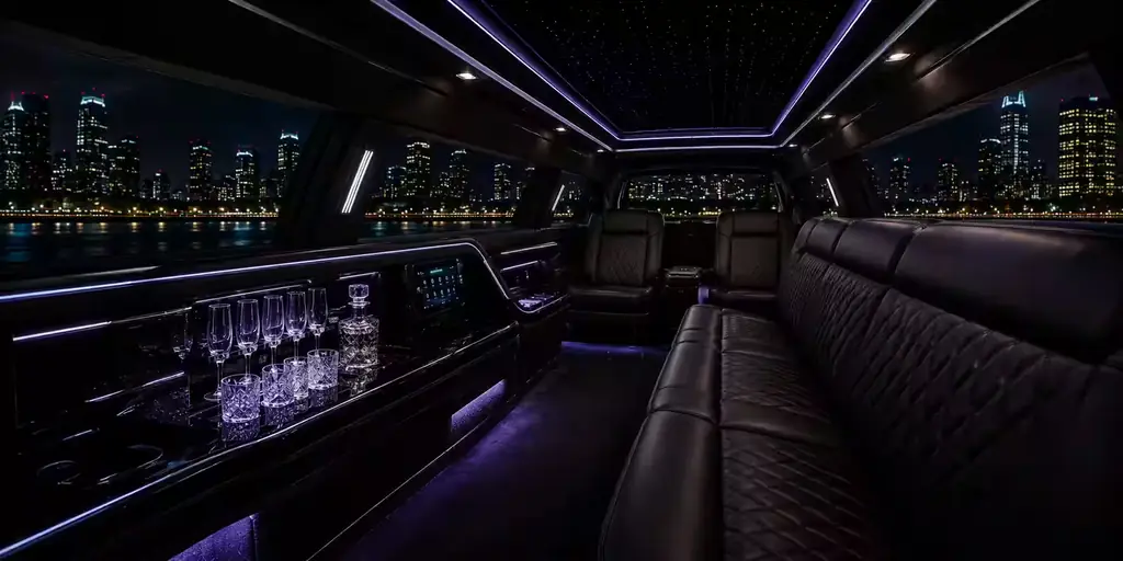 Inside a black stretch limousine with seating along both sides