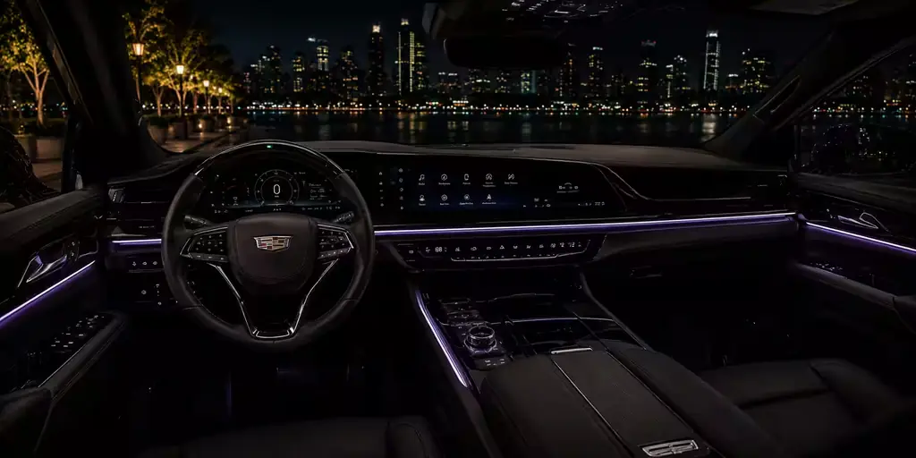 Interior of the Cadillac Escalade stretch, seats and cabin lighting
