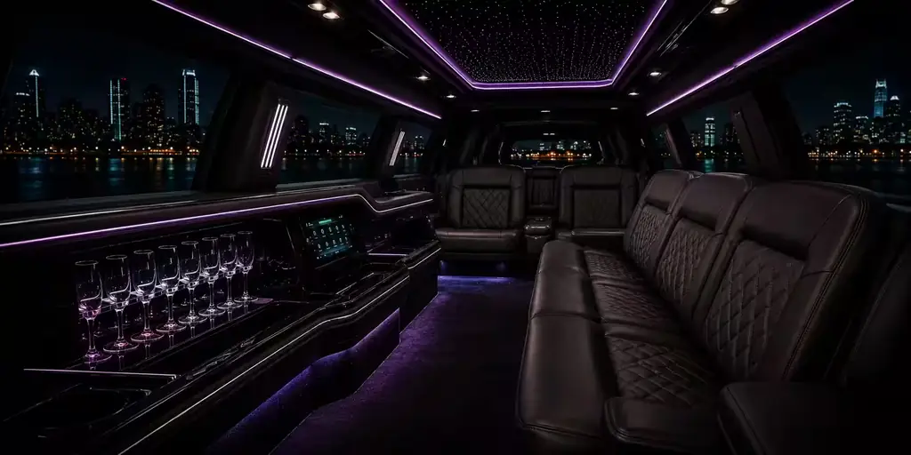 Interior of the Cadillac Escalade stretch SUV, seats and cabin lighting