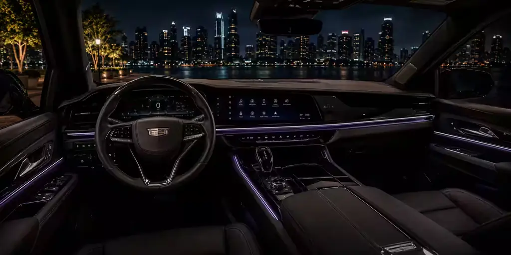 Interior of the Cadillac Escalade stretch SUV, seats and cabin lighting