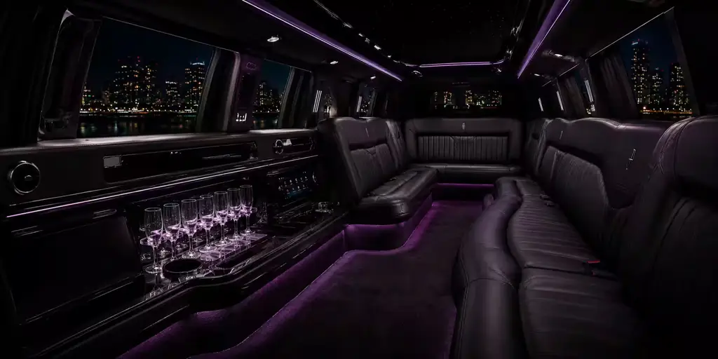 Interior of the Lincoln stretch limousine, seats and cabin lighting