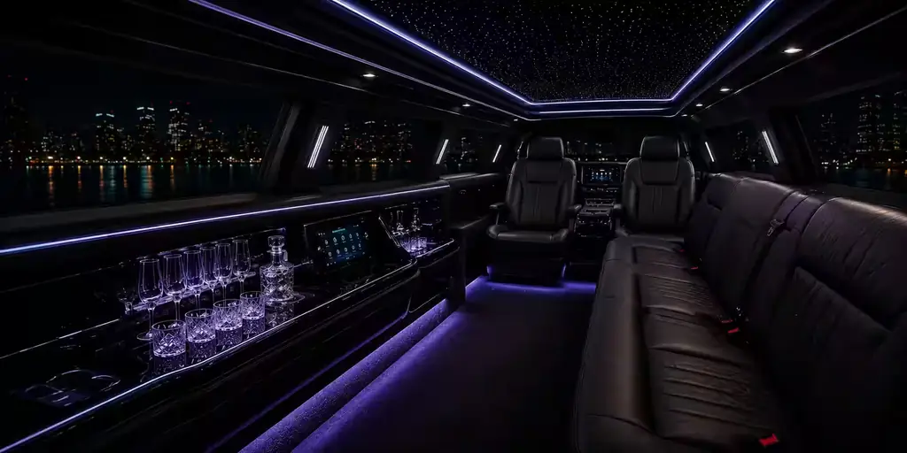 Interior of the Chevrolet Suburban stretch SUV, seats and cabin lighting