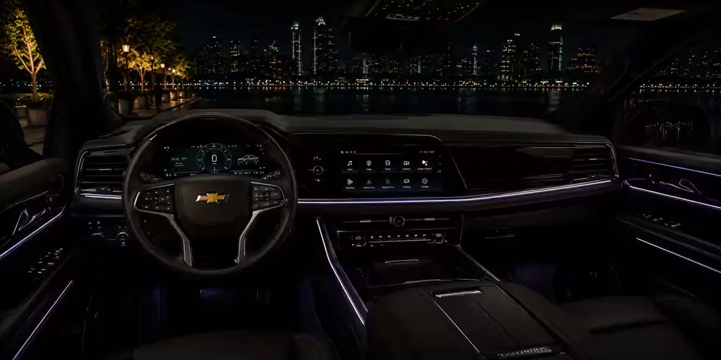 Interior of the Chevrolet Suburban stretch SUV, seats and cabin lighting