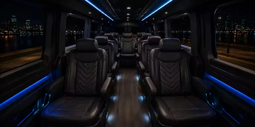Interior of the Ford 14-passenger van, seats and cabin lighting
