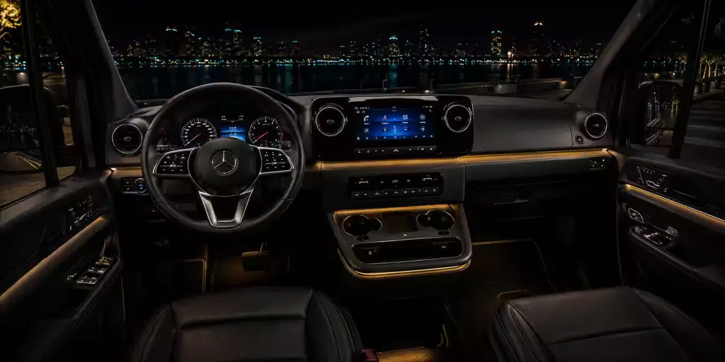 Interior of the Mercedes-Benz Sprinter, seats and cabin lighting