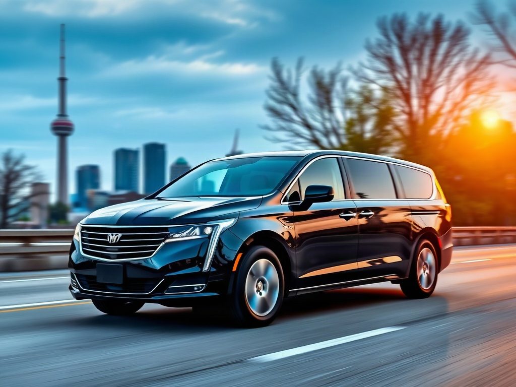 A black minivan drives along a highway with the Toronto skyline in the distance