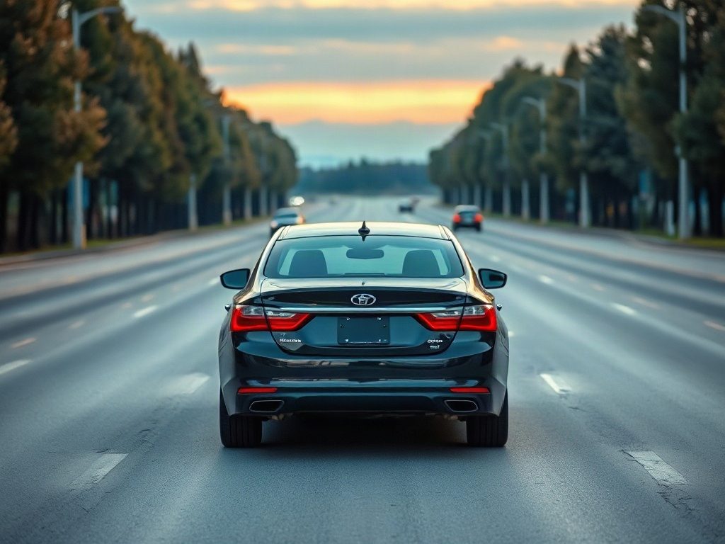 A black sedan driving down the center of an empty multi-lane highway at sunset