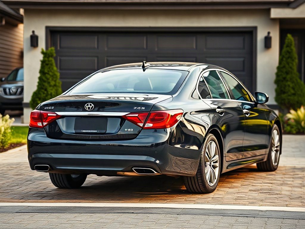 A black sedan is parked in a residential brick driveway in front of a garage