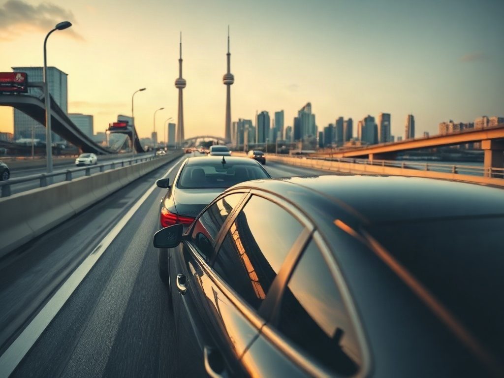 Executive black limousine driving on the Gardiner Expressway with the Toronto skyline in the background.