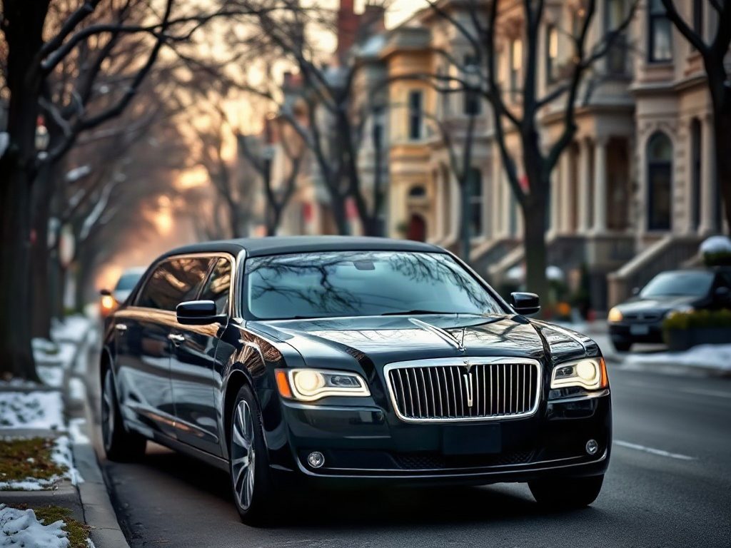 A private limousine parked on a quiet residential street in Toronto's Yorkville neighbourhood during winter.