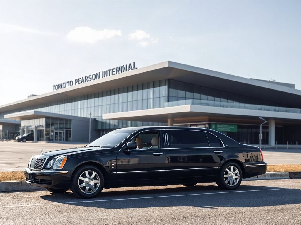 A luxury black limousine waiting at the Toronto Pearson Airport departure terminal for a client.