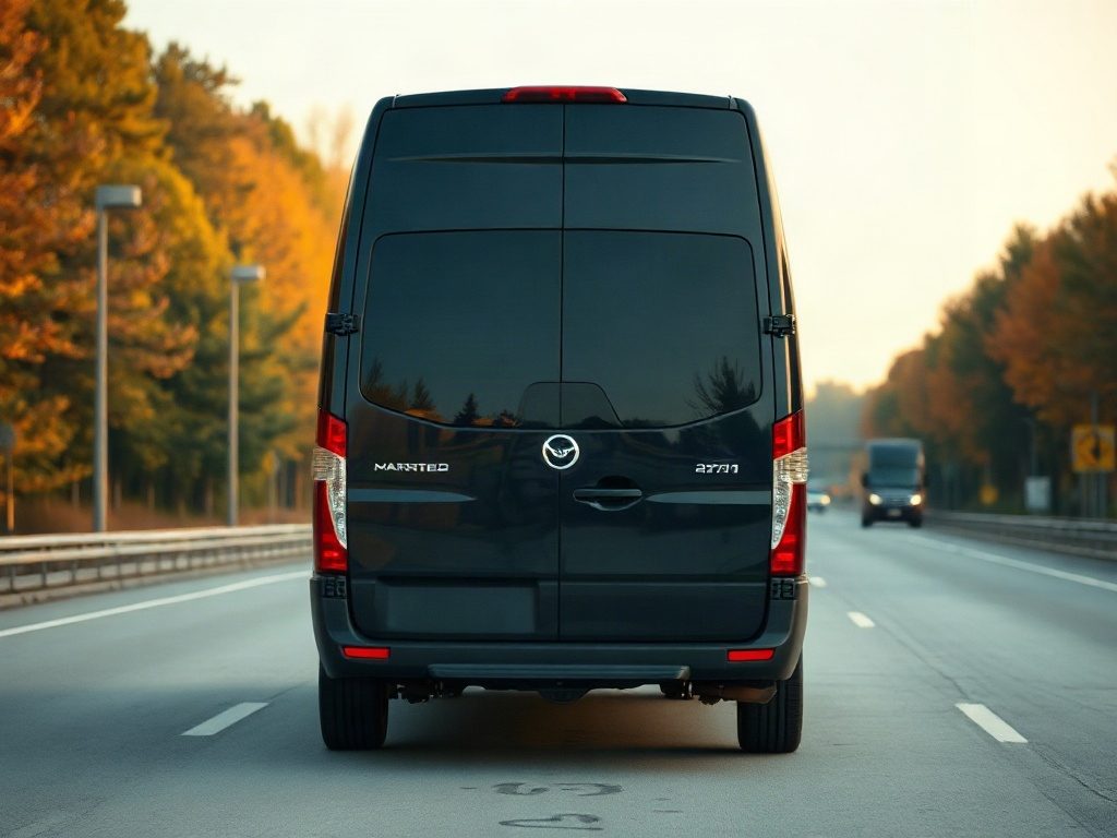 A black cargo van driving on a highway during a bright, sunny autumn day