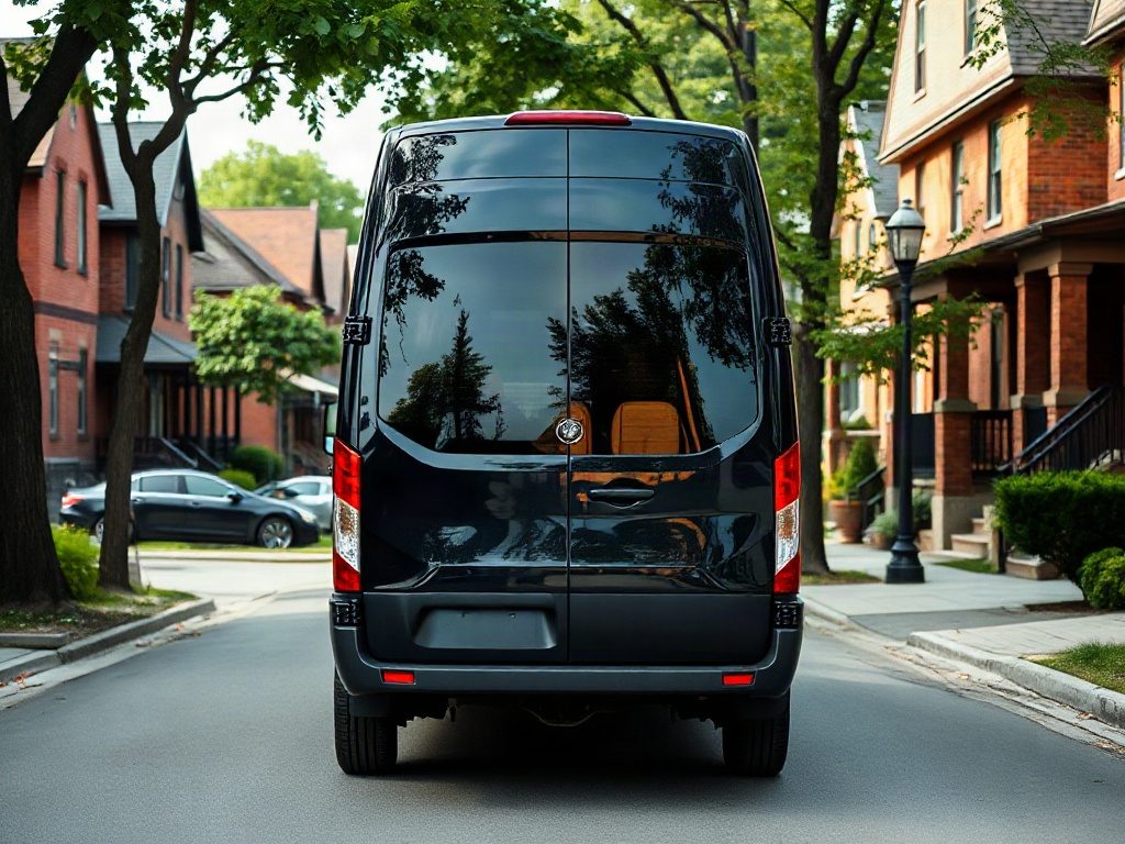 A black passenger van parked on a quiet residential street between historic brick houses