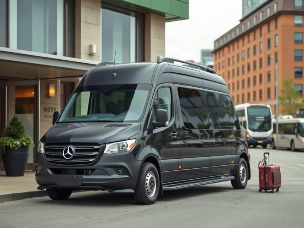 A black van parked in front of a hotel entrance next to a red suitcase