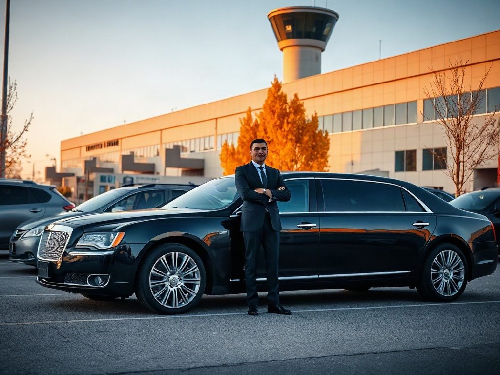 A professional chauffeur with a black luxury limousine at the Toronto Pearson Airport arrivals terminal.