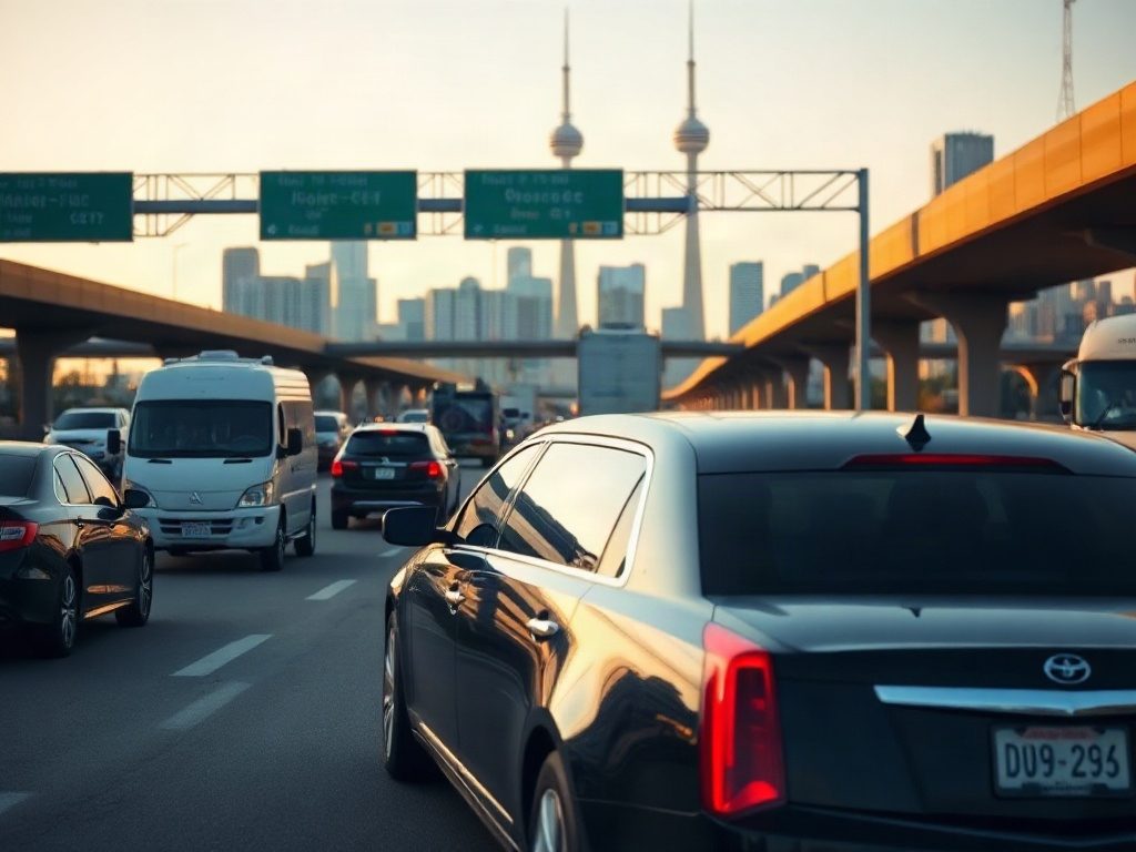 A black limousine navigating traffic on the Gardiner Expressway with the CN Tower in view.