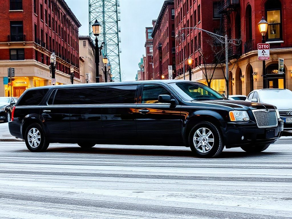 A luxury black limousine parked on a snow-covered street in the Yorkville area of Toronto.