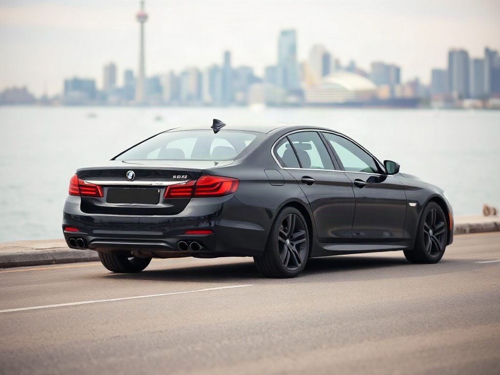A black luxury sedan parked on a road with a city skyline in the background