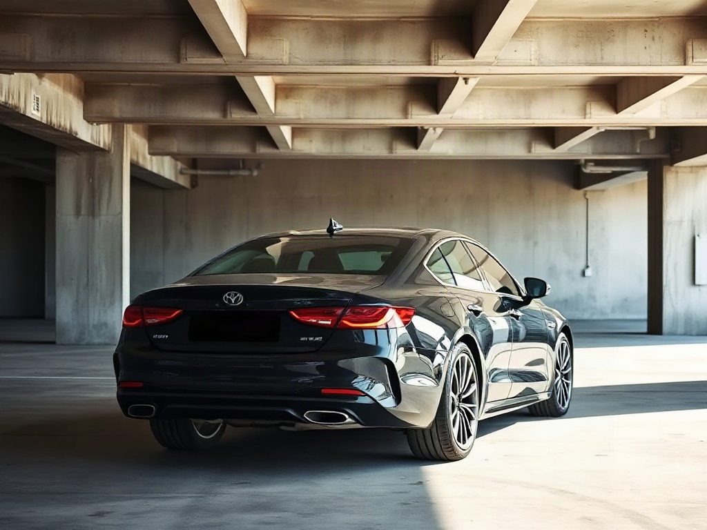 A black sedan is parked in an empty concrete parking garage under bright lighting