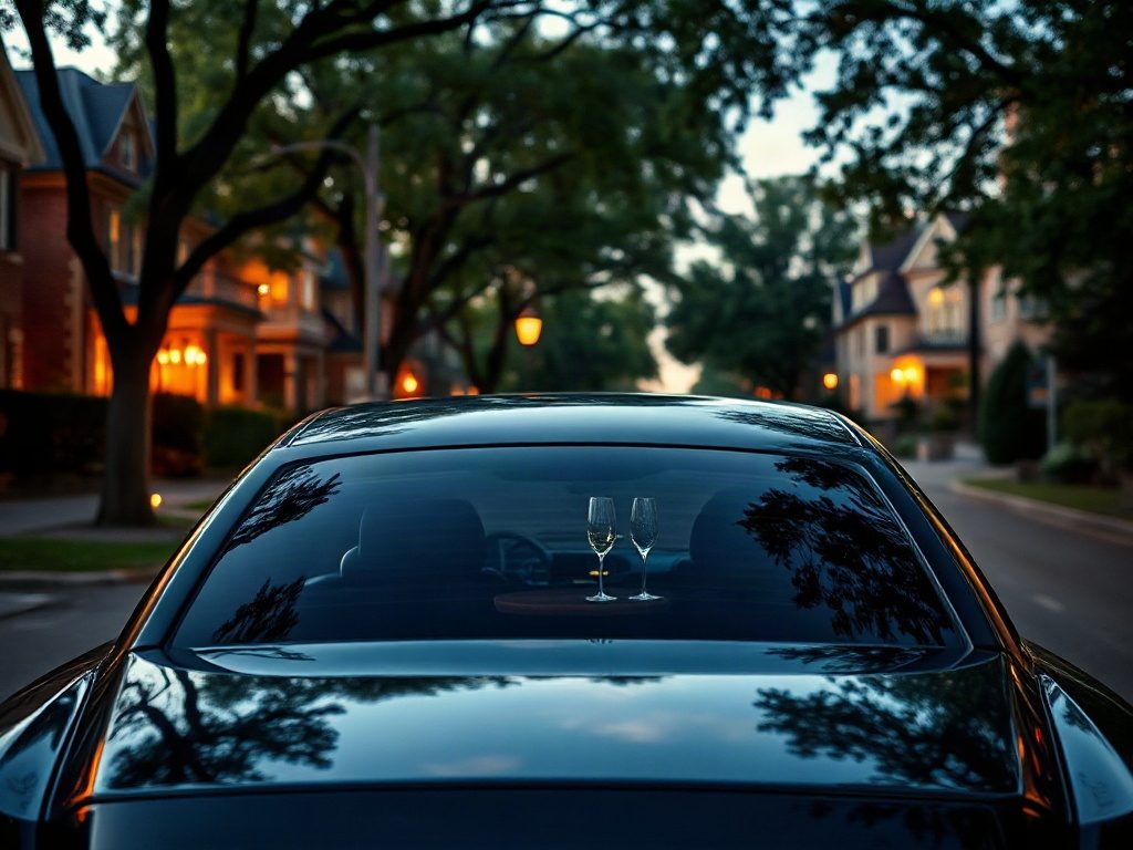 A luxury limousine parked on a quiet residential street in Toronto during a warm summer evening.
