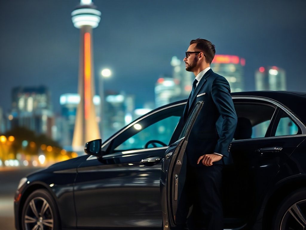 Professional chauffeur waiting by a luxury sedan near the illuminated CN Tower in downtown Toronto.