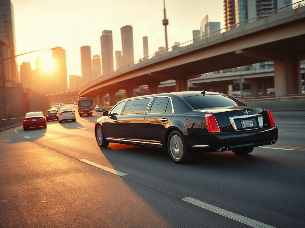 A black luxury limousine traveling on the Gardiner Expressway with the Toronto skyline visible behind.