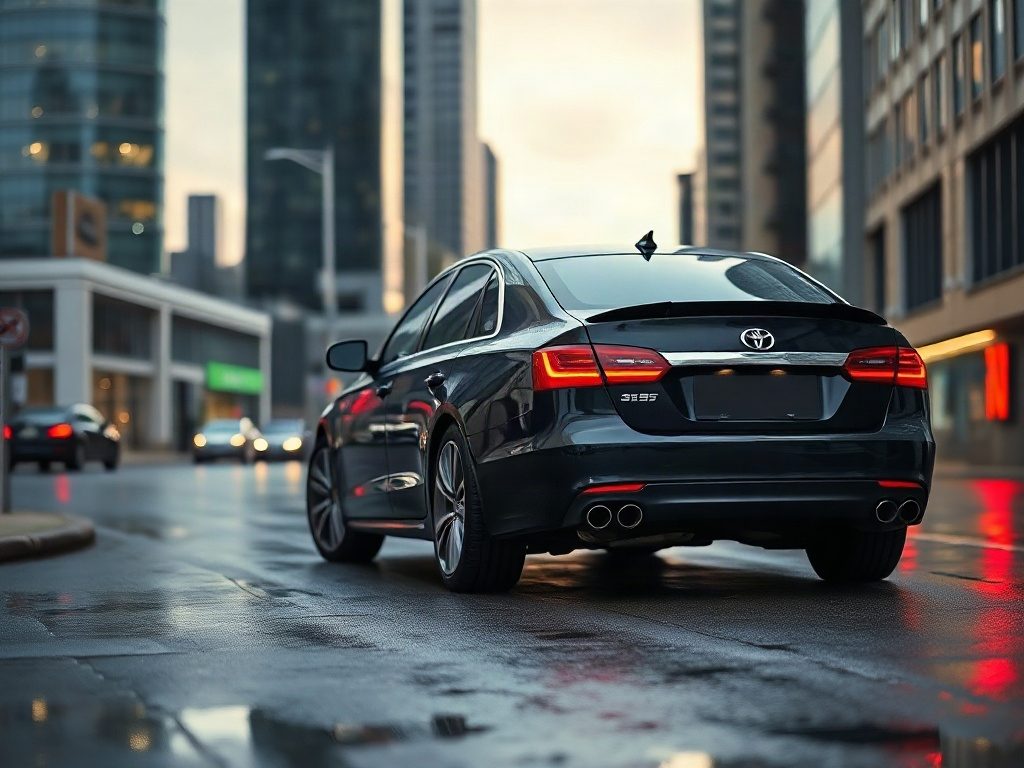A black sedan drives down a wet city street between tall buildings during the evening