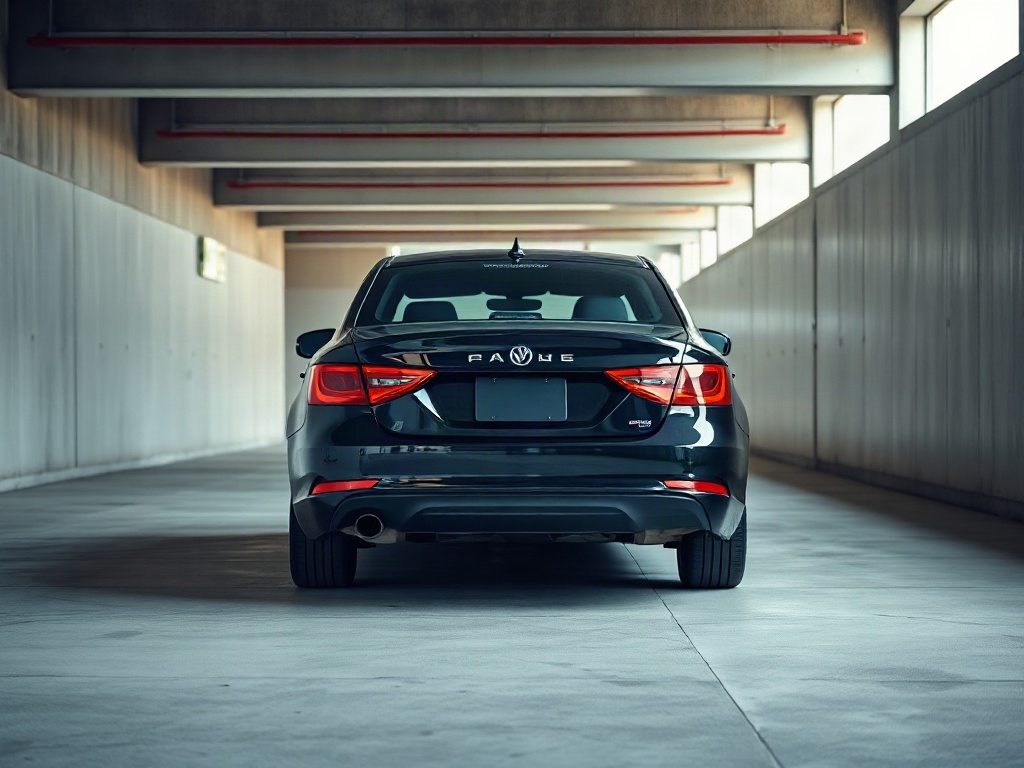 A black sedan parked inside a concrete parking garage viewed from the rear