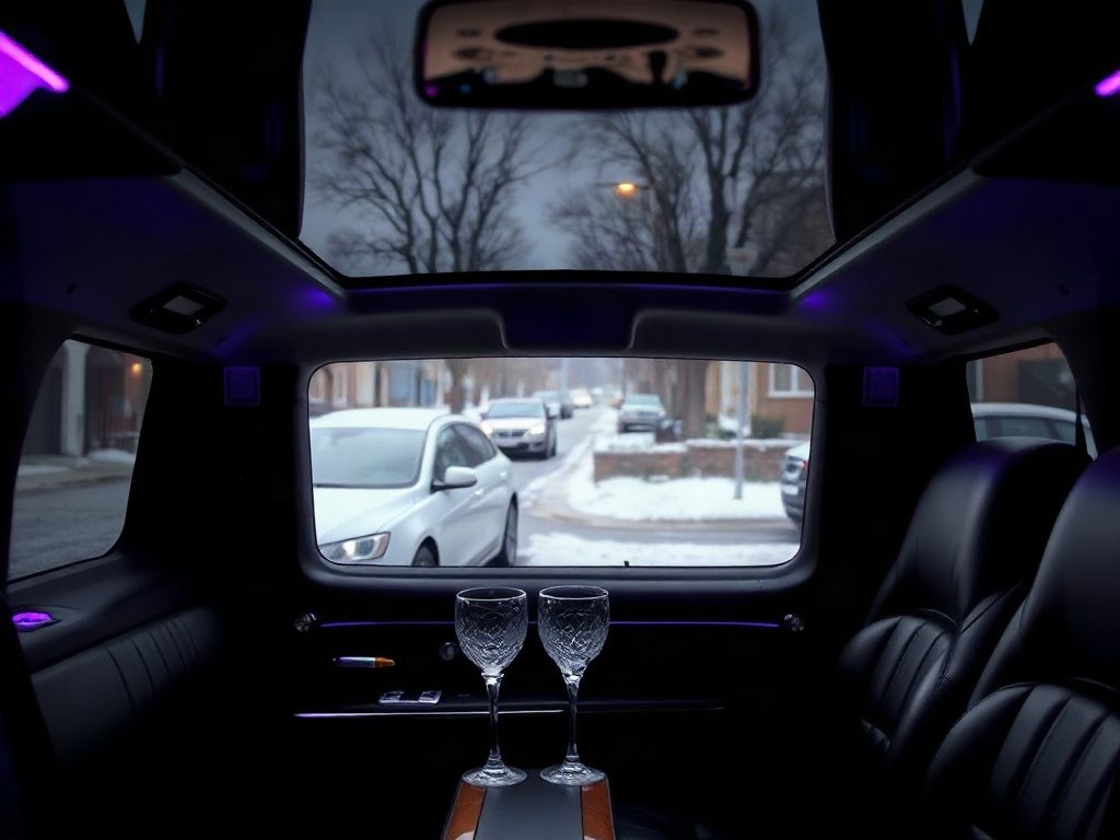 Inside a luxury black limousine with ambient lighting parked on a snowy residential Toronto street.