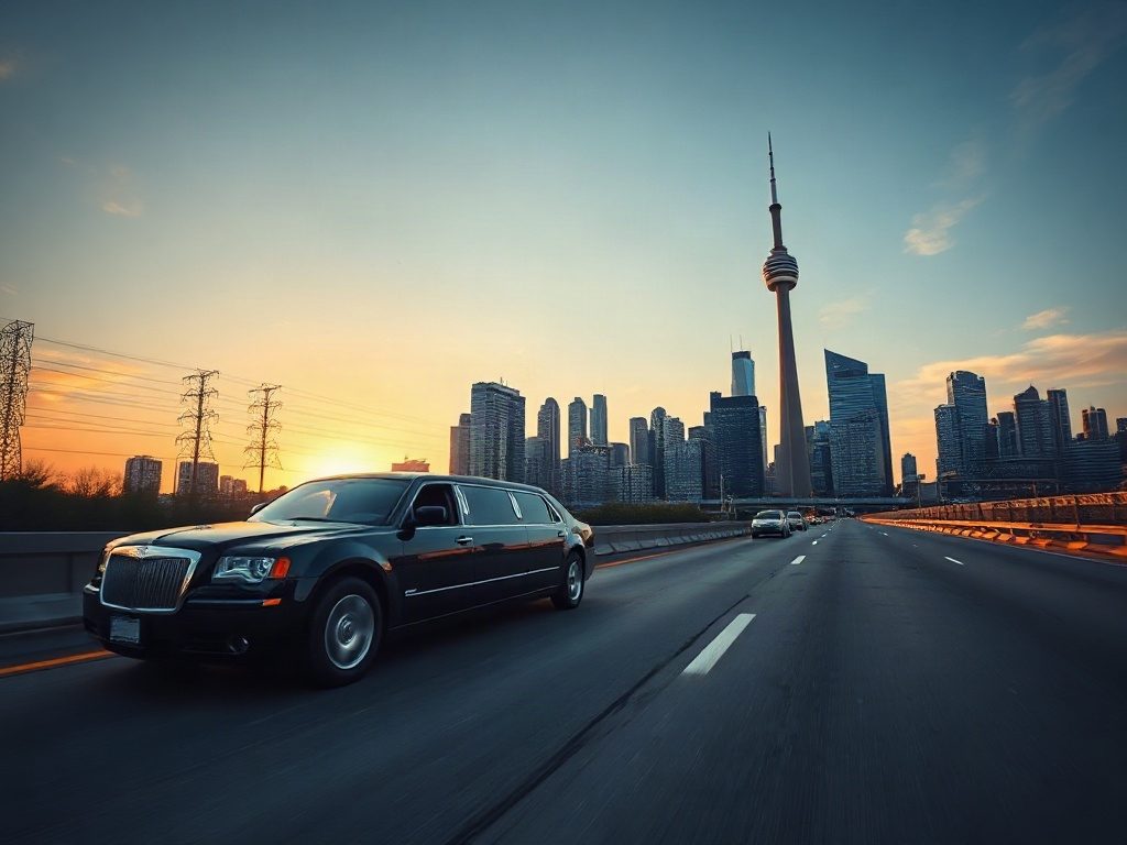 A black stretch limousine parked on the Gardiner Expressway with a single CN Tower visible.