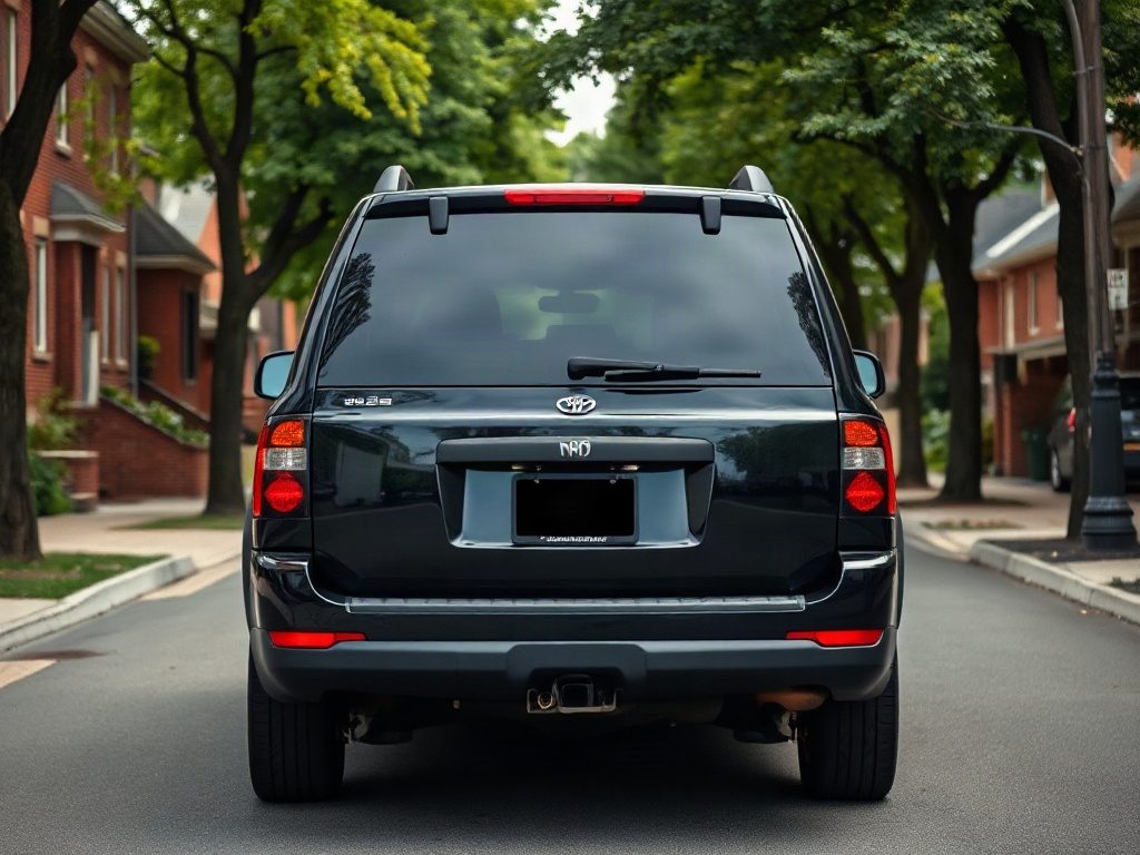 A black SUV parked in the middle of a quiet residential street with tree-lined sidewalks