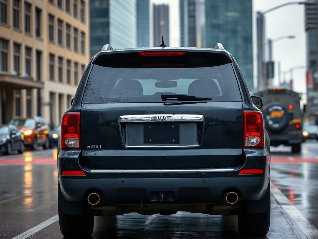 A black SUV parked on a city street with tall buildings in the background