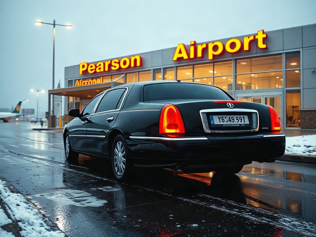 A black luxury limousine waiting for passengers at the Toronto Pearson International Airport terminal entrance.