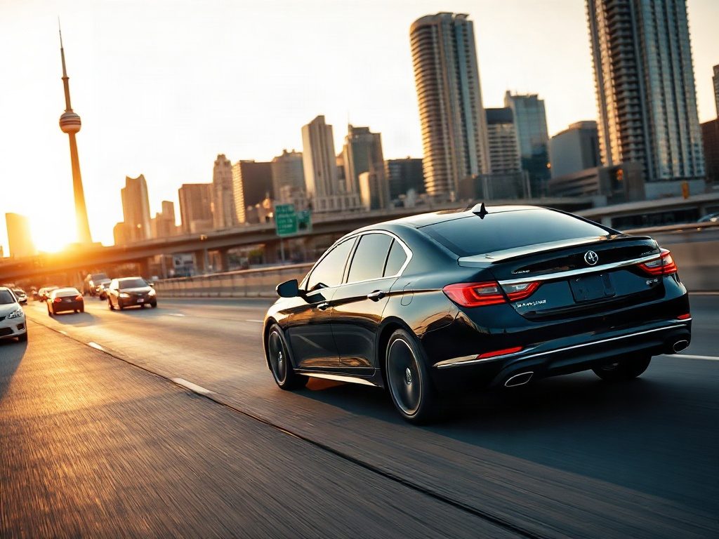 An executive sedan driving on the Gardiner Expressway with the Toronto skyline in the distance.