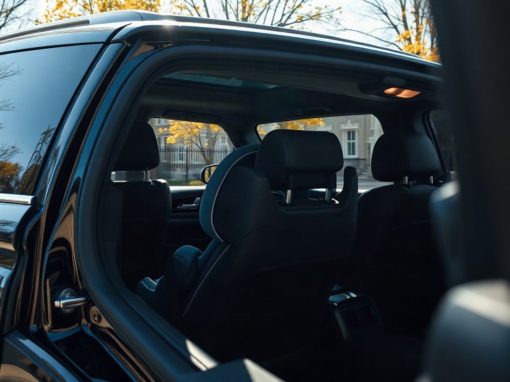 A luxury SUV with an installed child safety seat parked on a leafy Toronto residential street.