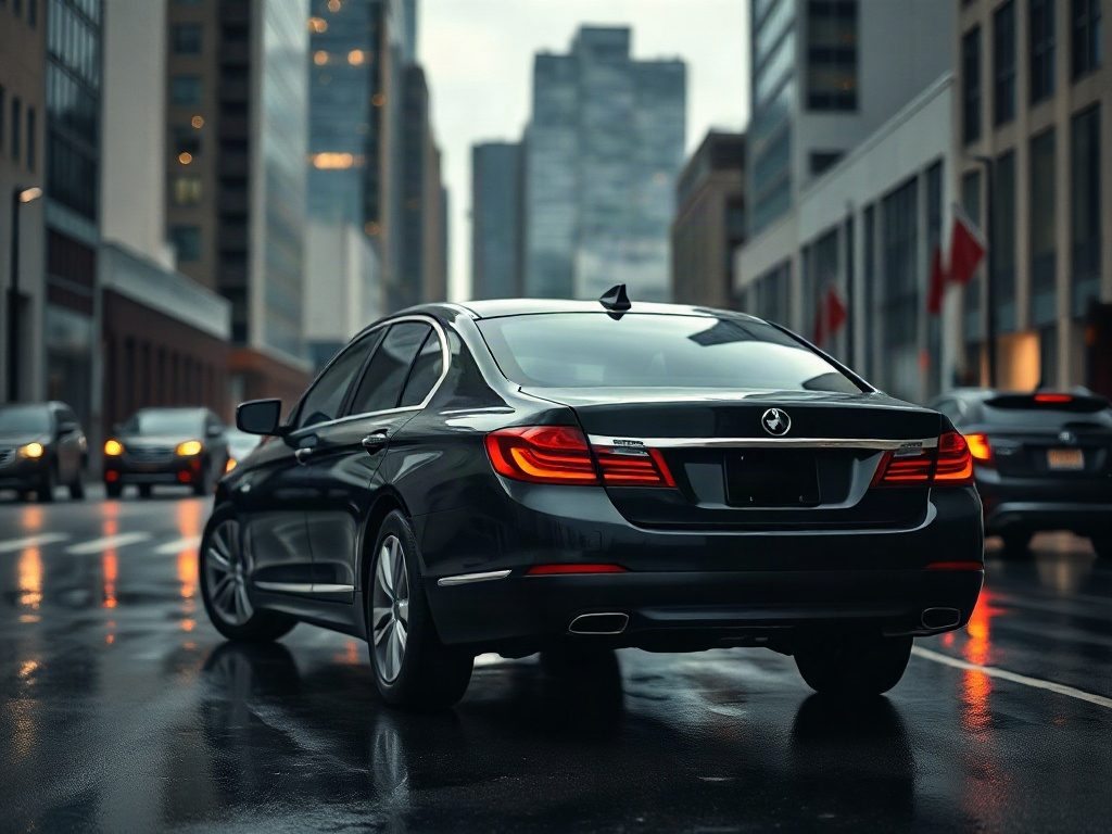 A black sedan drives down a wet city street between tall office buildings in the evening
