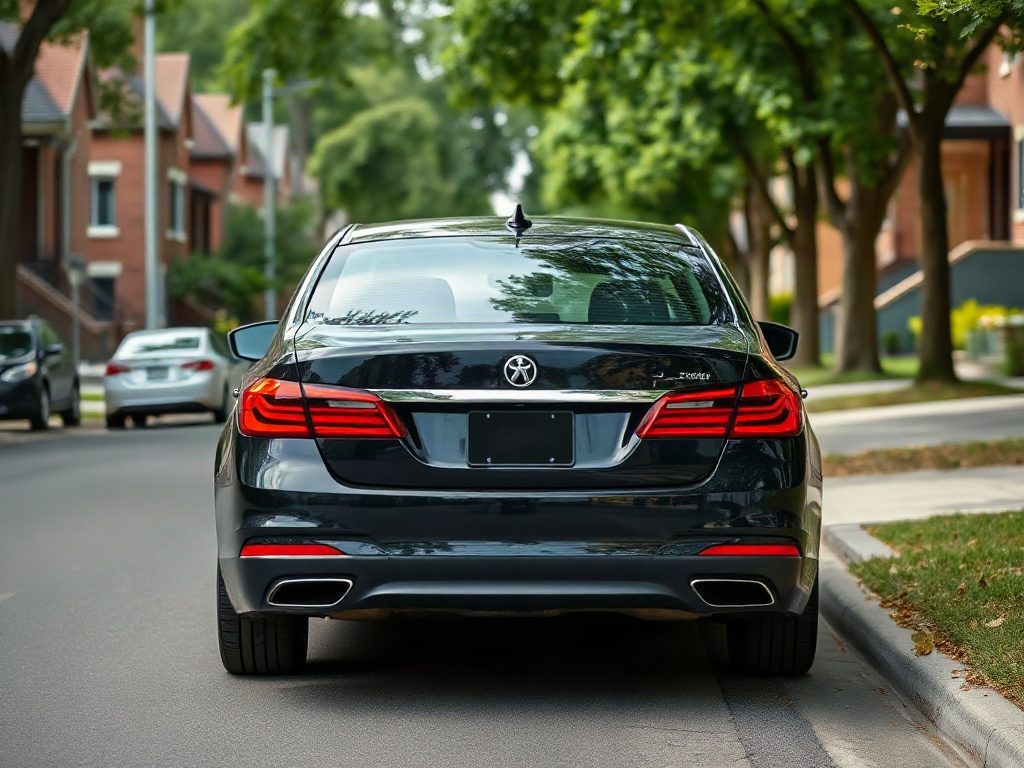 A black sedan parked on a residential street lined with green trees and brick homes
