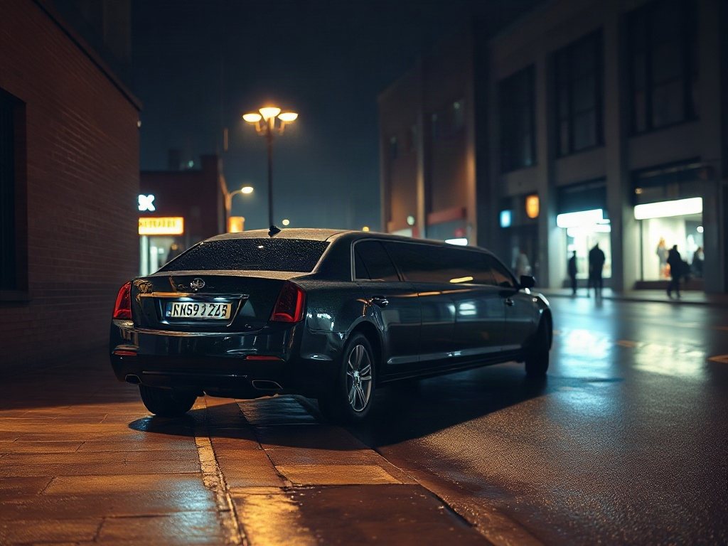 A black limousine parked on a residential street in The Annex at twilight in Toronto
