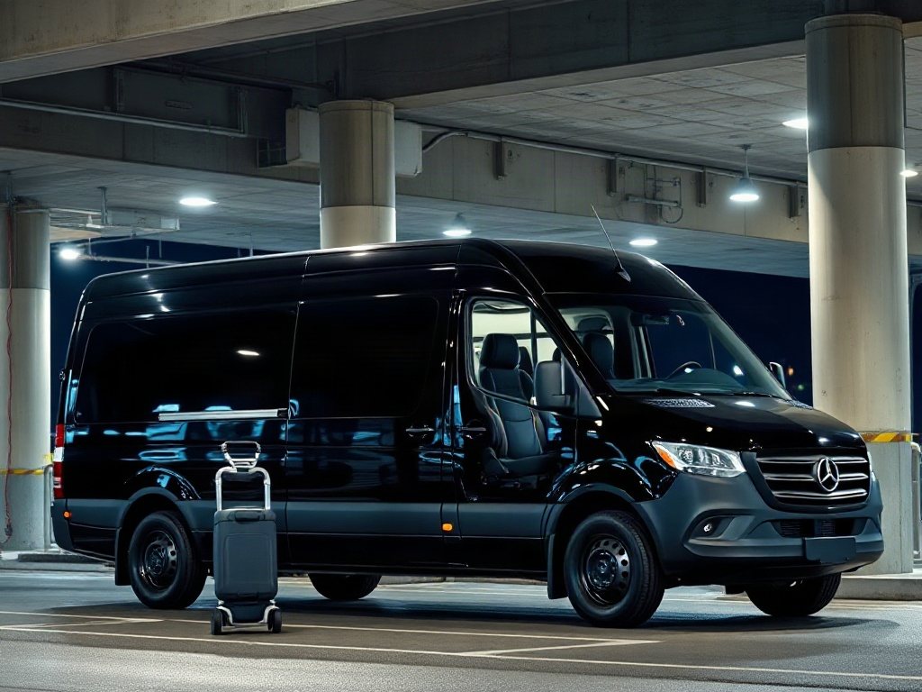 Black limousine arriving at the terminal kerb of Toronto Pearson International Airport at night