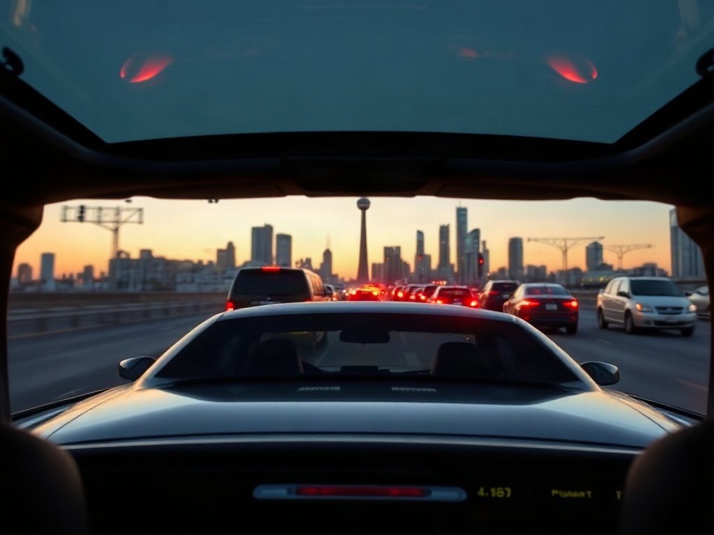 Interior view of a luxury black limousine driving along the Gardiner Expressway in Toronto