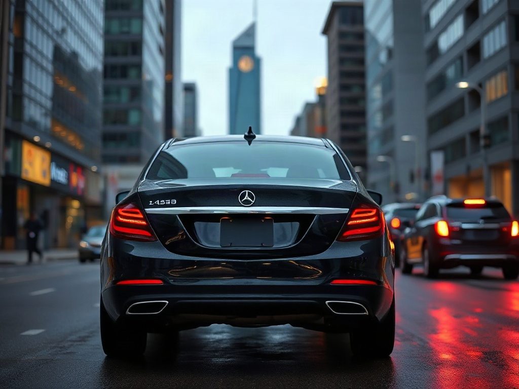 A black sedan drives down a city street surrounded by tall office buildings and traffic