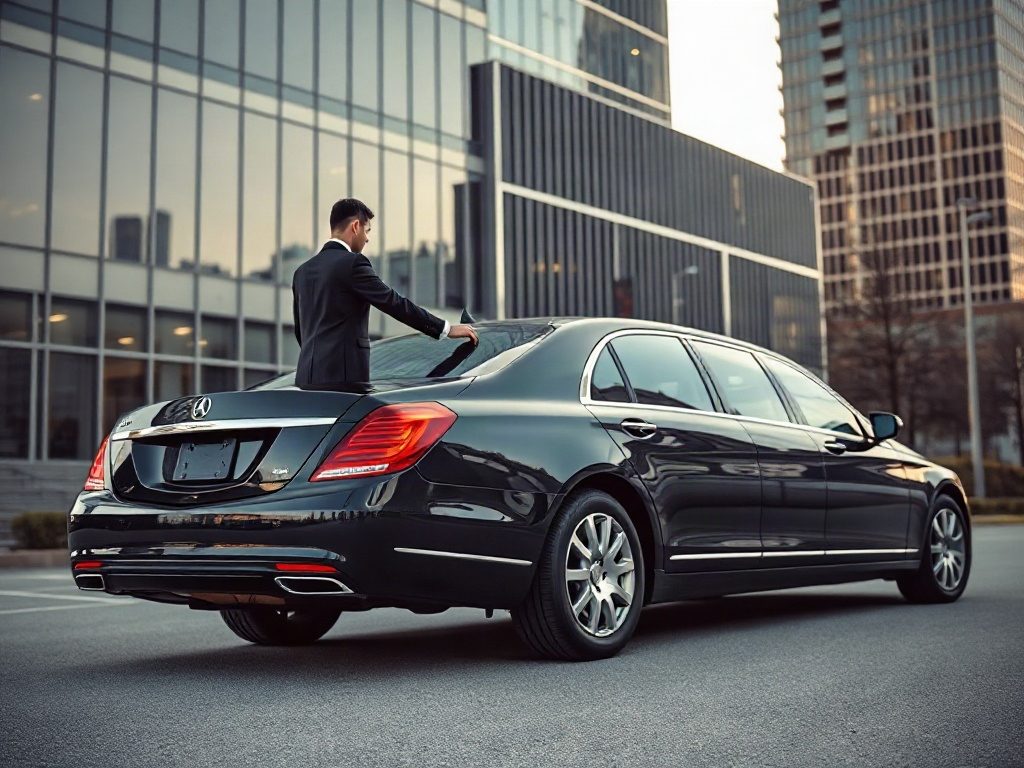 A man in a suit stands by a black sedan outside a modern office building