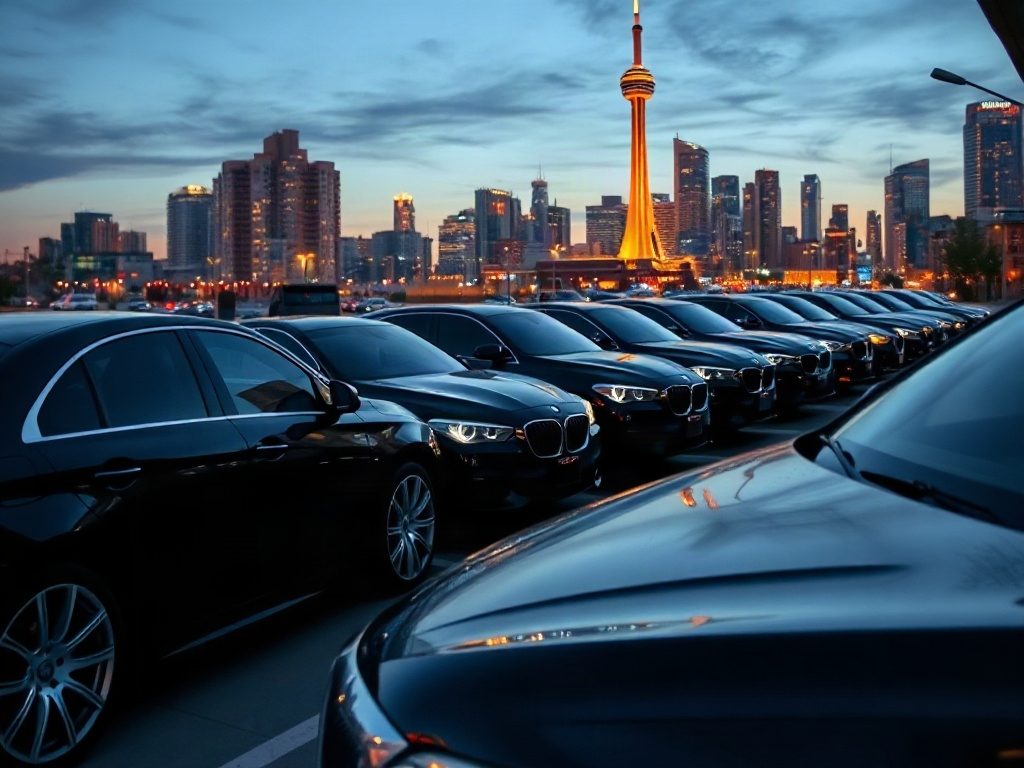 Luxury corporate fleet of black sedans and SUVs parked with Toronto CN Tower in background