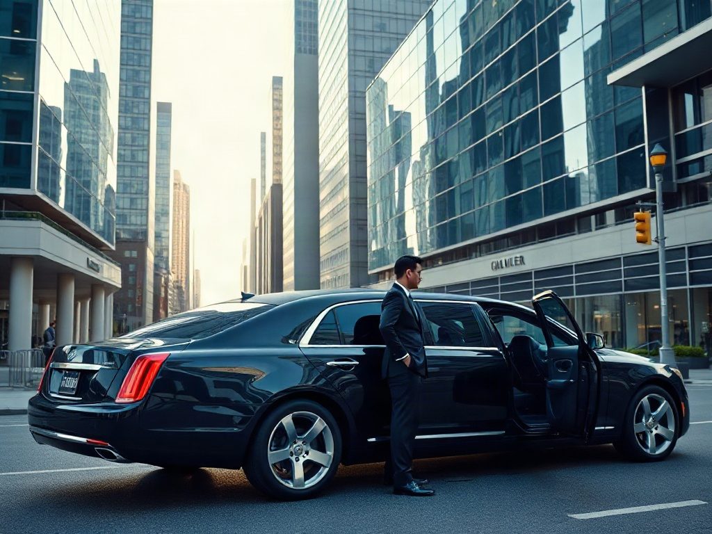 Professional chauffeur waiting by a black limousine in Toronto's Financial District with skyscrapers in background
