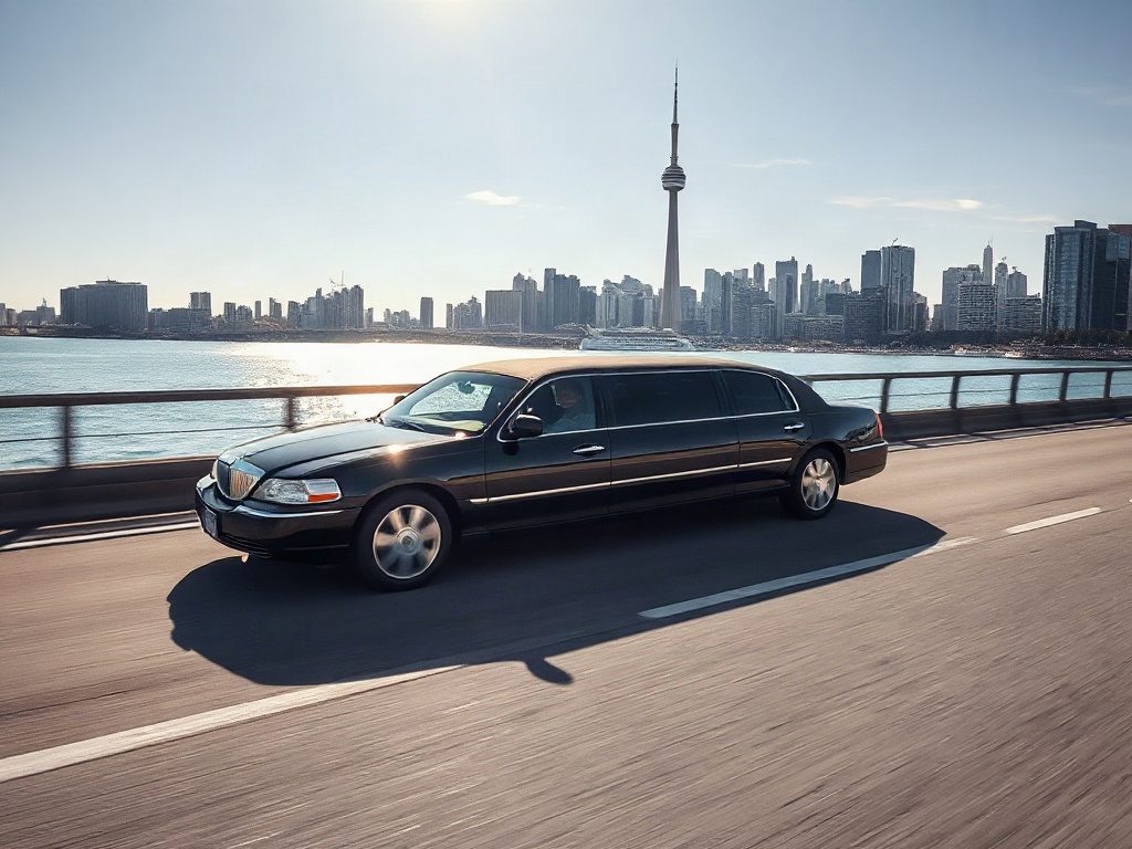 Executive limousine driving on Gardiner Expressway with Toronto skyline and Lake Ontario in view