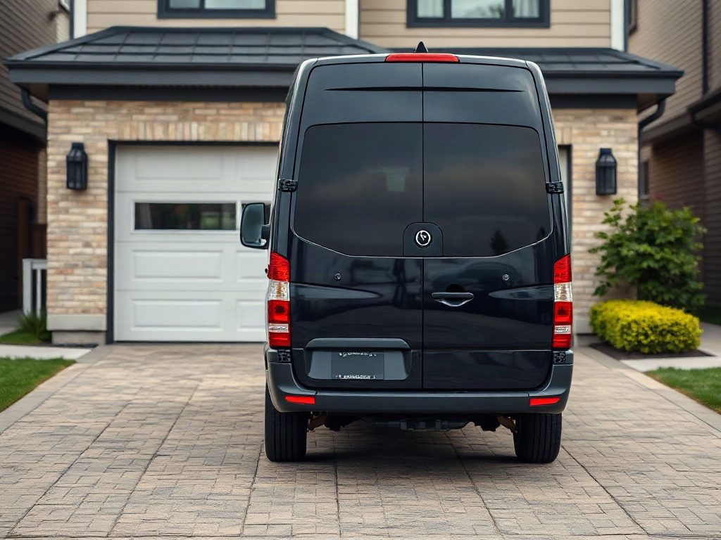 A black cargo van parked on a paved driveway in front of a modern house