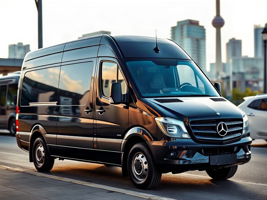 A black van parked on a city street with a tall tower in the background