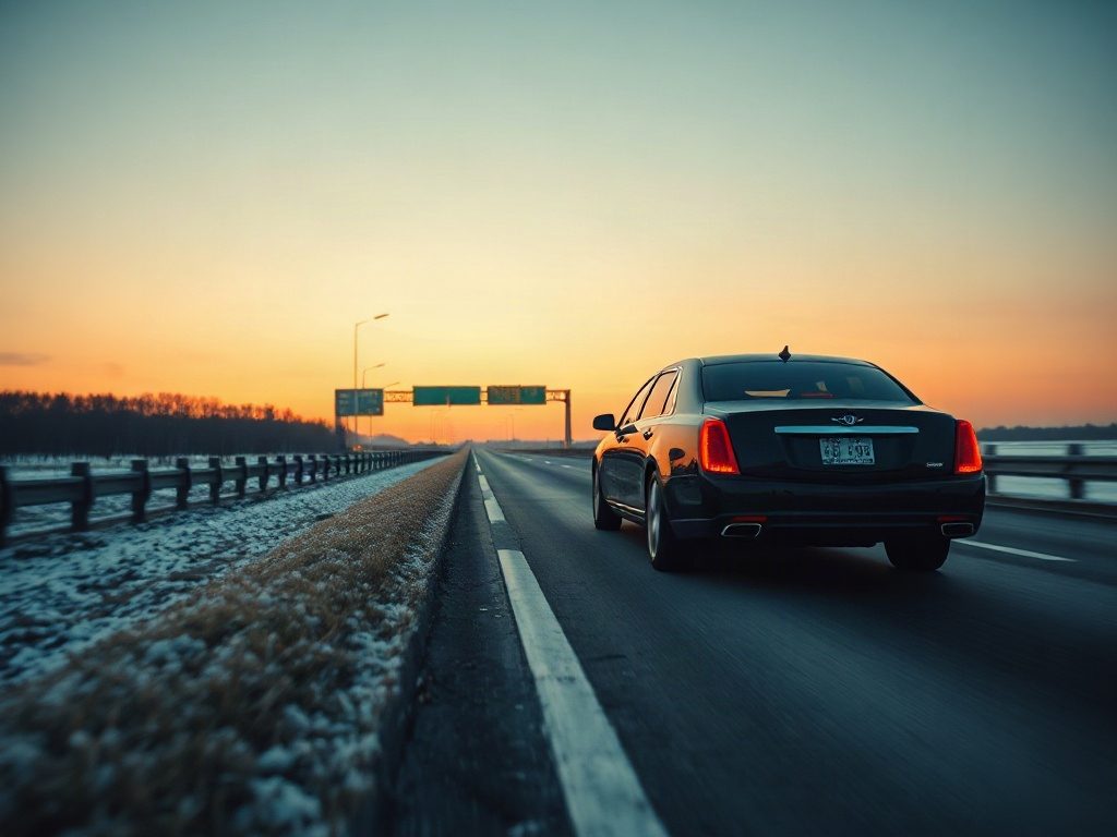 A black executive limousine traveling on a single Highway 407 ETR during winter sunset.